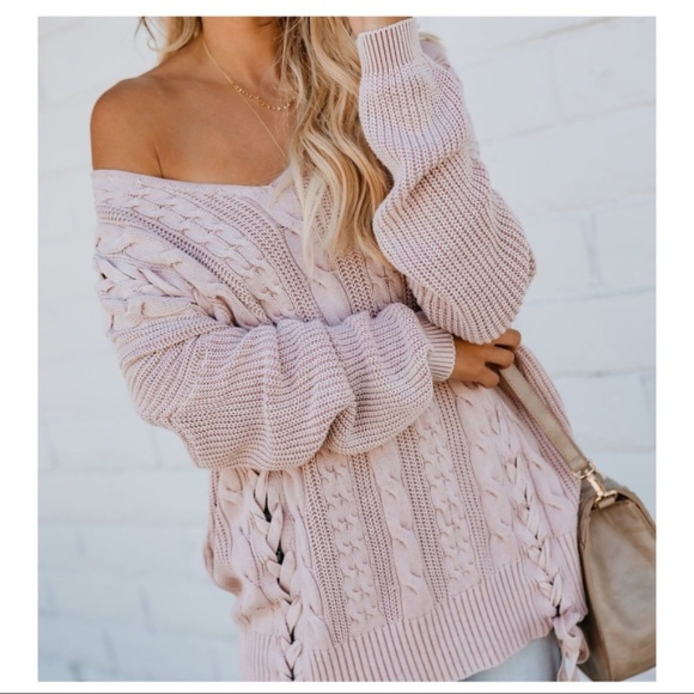 Oversized Cable Knit Lace Up Sweater | Mauve - Picture 1 of 6